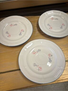 3 Vintage Floral White Ceramic Saucer plates with Pink and Gray Accents